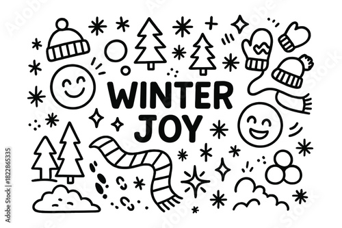 Winter Joy Doodle. Winter joy. Hand-drawn doodle illustration of winter joy. Snowflakes, snowballs, hats,