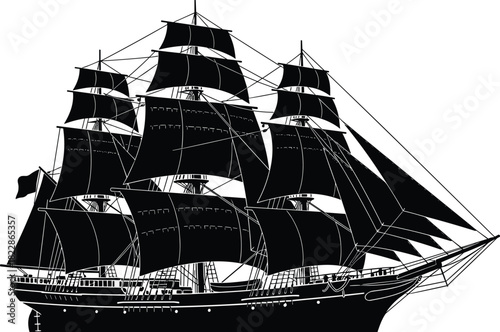 Striking black silhouette vector illustration of an ancient majestic full-rigged clipper ship, a powerful symbol of freedom, exploration, and historical naval history.