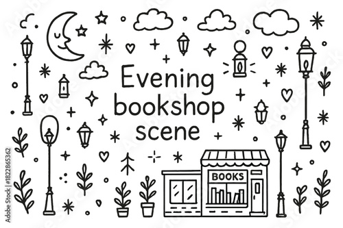 Evening Bookshop Doodle. Evening bookshop scene. Hand-drawn doodle illustration of Evening bookshop scene.