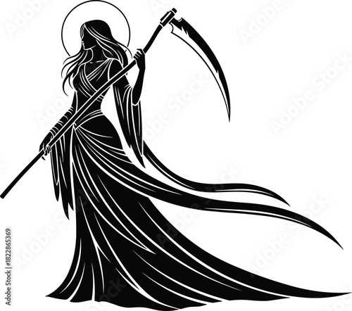 Striking black silhouette vector of the female personification of Death or a goddess holding a large scythe, elegant figure with a halo for gothic, tattoo, and occult design element.