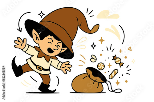 Elf's Playful Tumble. Elf mischief. Tiny elf tipping forward under oversized hat, candy and sparkles tumbling