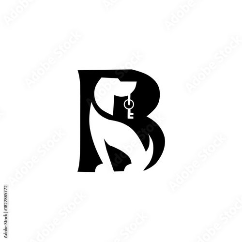 Clever black dog monogram logo (letter B) holding a key. Symbolizes trust, security, home, and ownership, perfect for real estate, locksmith, or pet-related brands.