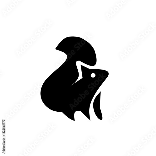 Minimalist black squirrel logo in a standing pose with a bushy, upturned tail. Represents agility, quickness, and nature, ideal for outdoor or resourceful brands.