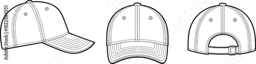 Baseball cap technical sketch, side front back view, curved brim, adjustable strap, fashion vector template, cad drawing flat vector illustration