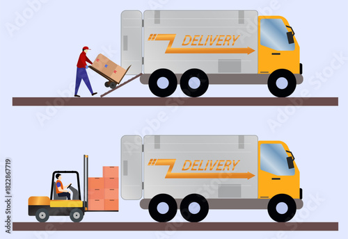 Forklift vs Hand Stacker Loading Comparison vector illustration, Logistics Loading Methods Comparison, Warehouse Loading Efficiency