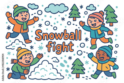 Playful Snowball Fight. Snowball fight. Hand-drawn doodle illustration of snowball fight. Kids throwing