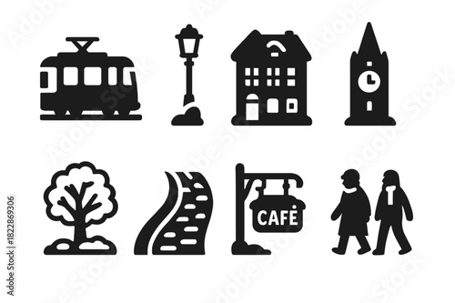 European Winter Icons. European winter streets. Filled icon set of European winter streets: tram, street lamp,