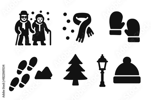 Winter Walk Icons. Winter stroll. Filled icon set of winter stroll: elderly couple walking, snow falling,