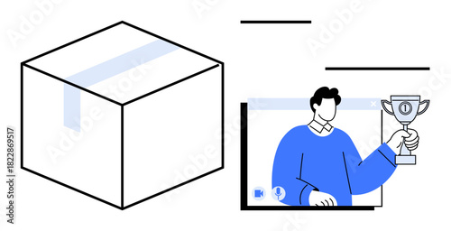 Man holding a trophy during an online meeting highlights virtual achievements and celebrations. Ideal for online events, remote teamwork, virtual rewards, success, events, packaging themes