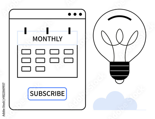 Calendar marked monthly paired with subscription button and glowing lightbulb. Ideal for planning, innovation, creativity, productivity, service models, subscriptions, digital business. Simple flat