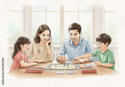 A family plays a board game together at a table indoors