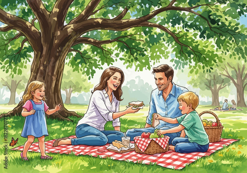 Cartoonstyle family picnic scene under a large tree in a park setting