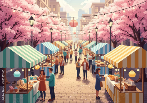 Spring Street Market Festival Vector Illustration – Outdoor Sakura Blossom Fair with Food Stalls, Lanterns, Crowd of People and Festive Atmosphere in City Park Avenue