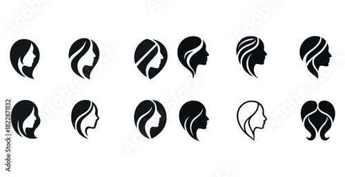 Silhouette icons of female profiles with diverse hairstyles