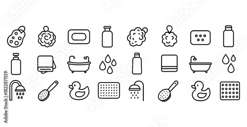 Black and white line icons of bath accessories and hygiene items