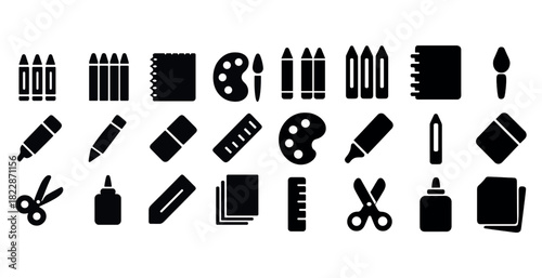 Assorted school stationery icons set in black silhouette