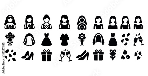 Wedding icon set: bride, bouquet, dress, gift, champagne, shoes