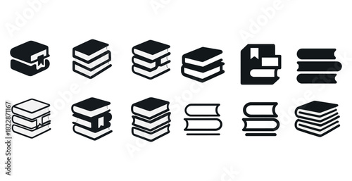 Set of ten minimalist book icons in black and white design