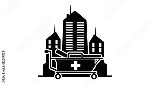Vector illustration of black silhouette icon of hospital gurney or stretcher with medical cross in front of city building skyline isolated on transparent background