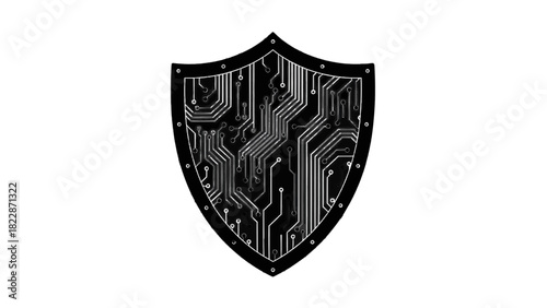 Vector illustration of black and white shield icon with integrated circuit pattern, isolated on transparent background