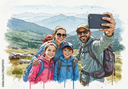 Family of four takes a selfie during mountain hike