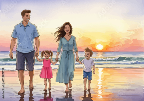 Family walks on beach at sunset