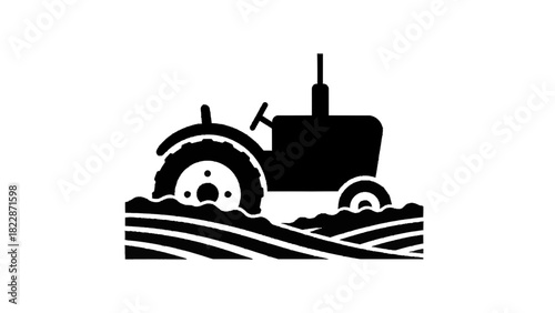Vector illustration of black and white silhouette icon of a vintage tractor plowing a field, isolated on transparent background