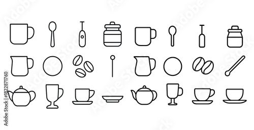 Minimalist line art of coffee and tea essentials with cups, spoons, and teapots