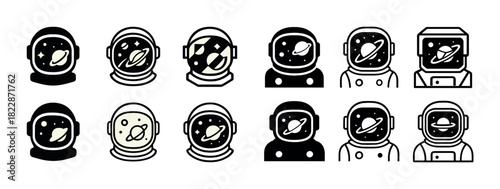 Icons set of astronaut helmets with space themes