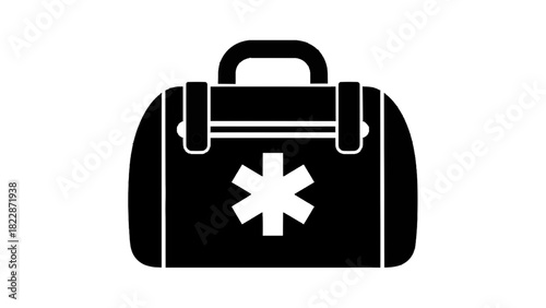 Vector illustration of black and white icon of a first aid medical bag with a star of life symbol isolated on transparent background