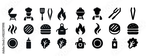 Grilling icons set: bbq, chef, burger, grill, utensils, flame, barbecue elements
