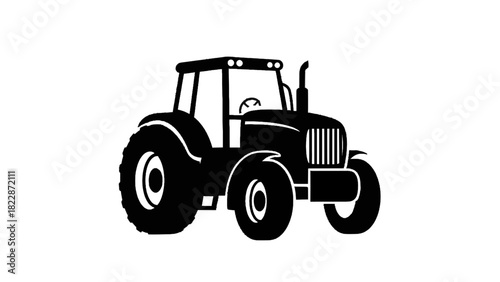 Vector illustration of silhouette icon of a farm tractor viewed from the side, isolated on transparent background