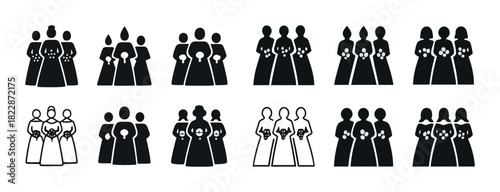 Set of wedding dress icons featuring diverse bride and bridesmaid silhouettes