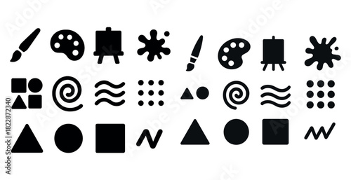 Artistic tools and symbols: brushes, easels, and shapes in black icons
