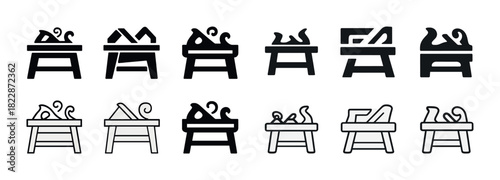 Set of twelve vintage wood plane tool icons in various styles