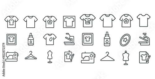Line art icons of t-shirts, sewing machines, and frames for fashion and design