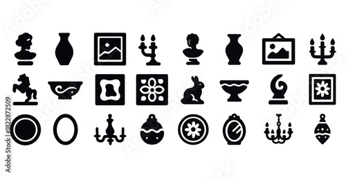 Black silhouette icons of various decorative art and home decor items