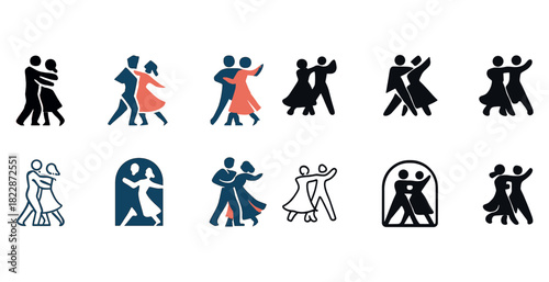 Silhouette icons of diverse couples dancing in various styles