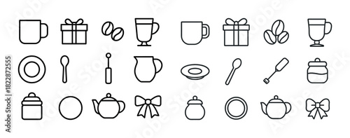 Line art icons of coffee, tea, and gifts for kitchen decor