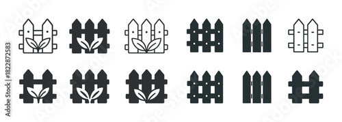 Set of decorative garden fence icons in various styles