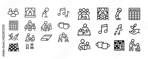 Icons of people engaging in activities: music, bingo, chess, coffee, family, and gardening