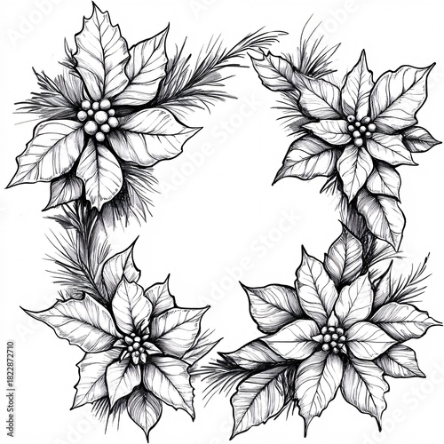 Wallpaper Mural poinsettia frame in detailed line-art, white background Torontodigital.ca