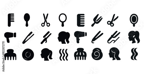 Hair styling icons: comb, brush, scissors, hairdryer, curling iron, mirror