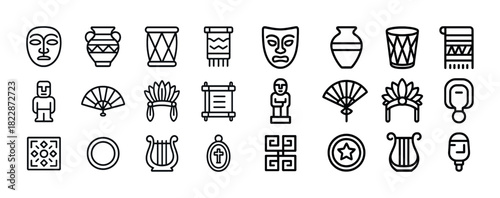 Collection of cultural iconography: masks, pottery, drums, fans, artifacts, musical symbols