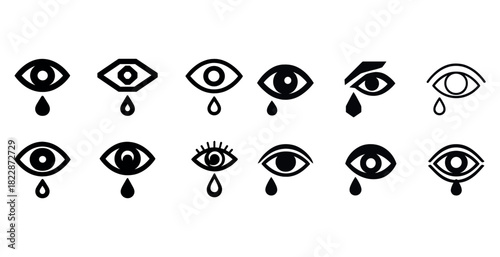 Twelve varied crying eye icons with tears in black and white design