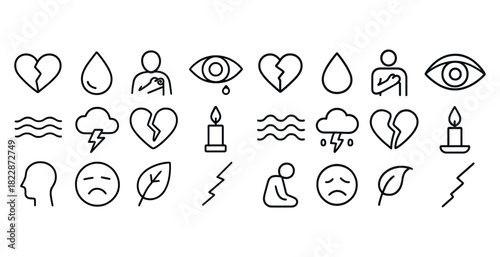 Minimalistic line art emotion icons with heart, tear, candle, and more symbols