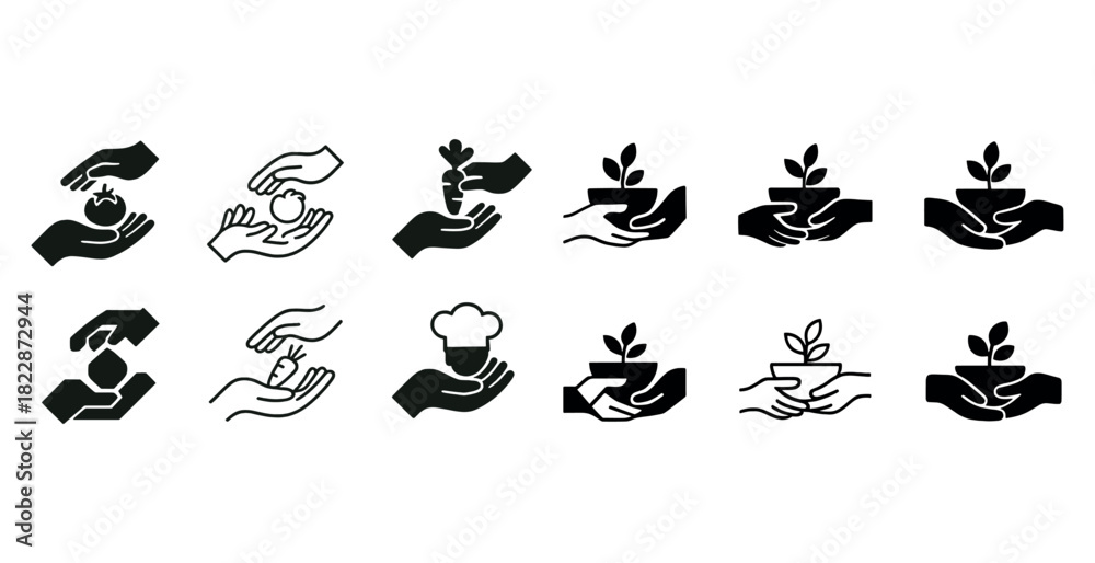 Fototapeta premium Collection of gardening icons featuring hands holding plants and vegetables