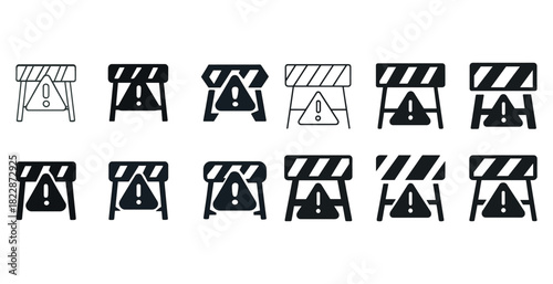 Collection of warning sign icons with stripes and exclamation marks