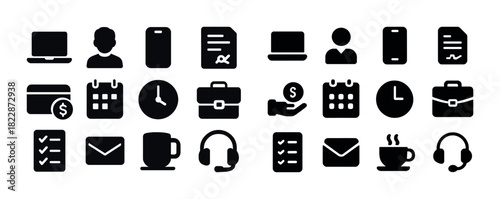 Business and communication icons: laptop, phone, clipboard, calendar, headphones