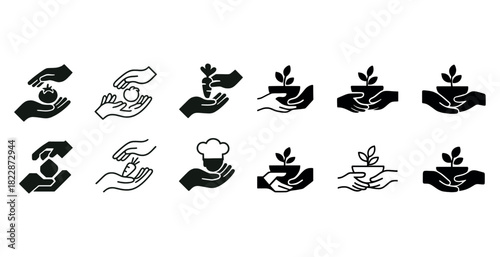 Collection of gardening icons featuring hands holding plants and vegetables